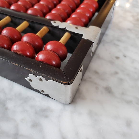 Vintage Chinese ABACUS Wooden red Beads metal Accents Primitive Calculator - Picture 4 of 8